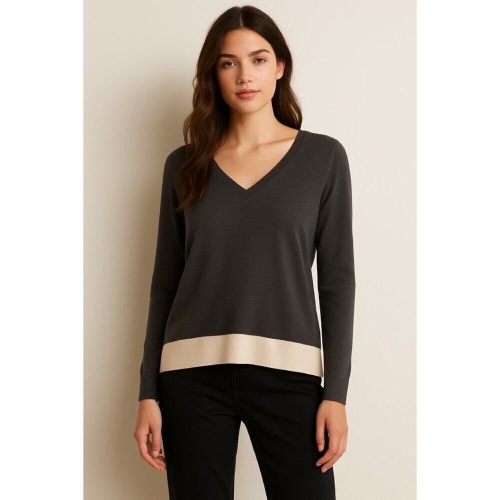 Neiman Marcus Cashmere Collection Sweater XS Brown Colorblock V Neck Long Sleeve